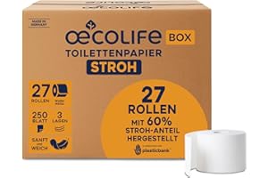 ‎ŒCOLIFE oecolife Toilettenpapier Box STROH, 3-lagig, 27 Rollen á 250 Blatt, Großpackung, superweich, plastikfrei verpackt, vegan, nachhaltiges Klopapier