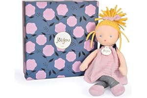 Jolijou - Poupée de Chiffon - Les Doucettes - Inès - Boite Cadeau - 30 Cm - Robe Rose, Collants Rayés, Chaussons, Cheveux Blonds - Idée Cadeau de Naissance Fille - JJ6012