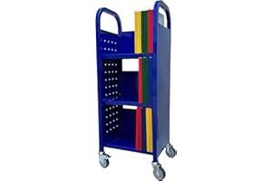 Workington Single Bank Rolling Book Truck Book Cart with 3 Flat Shelves, Library Book Cart with Swivel Lockable Casters 3000 Blue