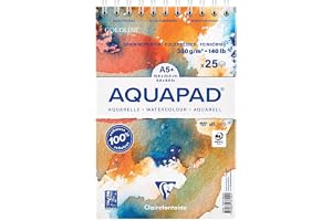 Clairefontaine 976102C - Bloc spiralé micro-perforé Aquapad A5 14,8x21 cm 300g - 25 Feuilles Papier Aquarelle Blanc Grain Moy