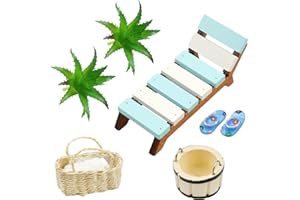 burkfeeg Miniatur-Ornament-Set, Mini Strandkorb Korb Hausschuhe Eimer Badetuch Deko Accessoires, Strand-Mikrolandschaft, für DIY, Einzigartiges Geschenk Garten Dekoration Sauna Zubehör Geschenk