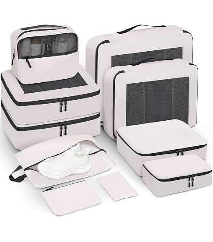Narwey Organizer Valigia 7 Pezzi Set Packing Cubes, Organizer Valigia Viaggio Salvaspazio, Viaggio Accessori Utili per Vestiti Scarpe Deposito per Viaggiare (Chiaro a Scacchi