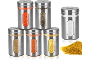 FORNORM 6 tarros de especias de acero inoxidable con tapón giratorio y botes transparentes para almacenar especias, para almacenar sal, pimienta y azúcar