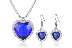HMOOY Titanic Coeur de l'Océan Collier Boucles D'oreilles Ensemble de Bijoux, Collier Pendentif Saphir Bleu Bleu Coeur Cristal Boucles D'oreilles Rubis Collier Titanic Bijoux pour Femme Fille