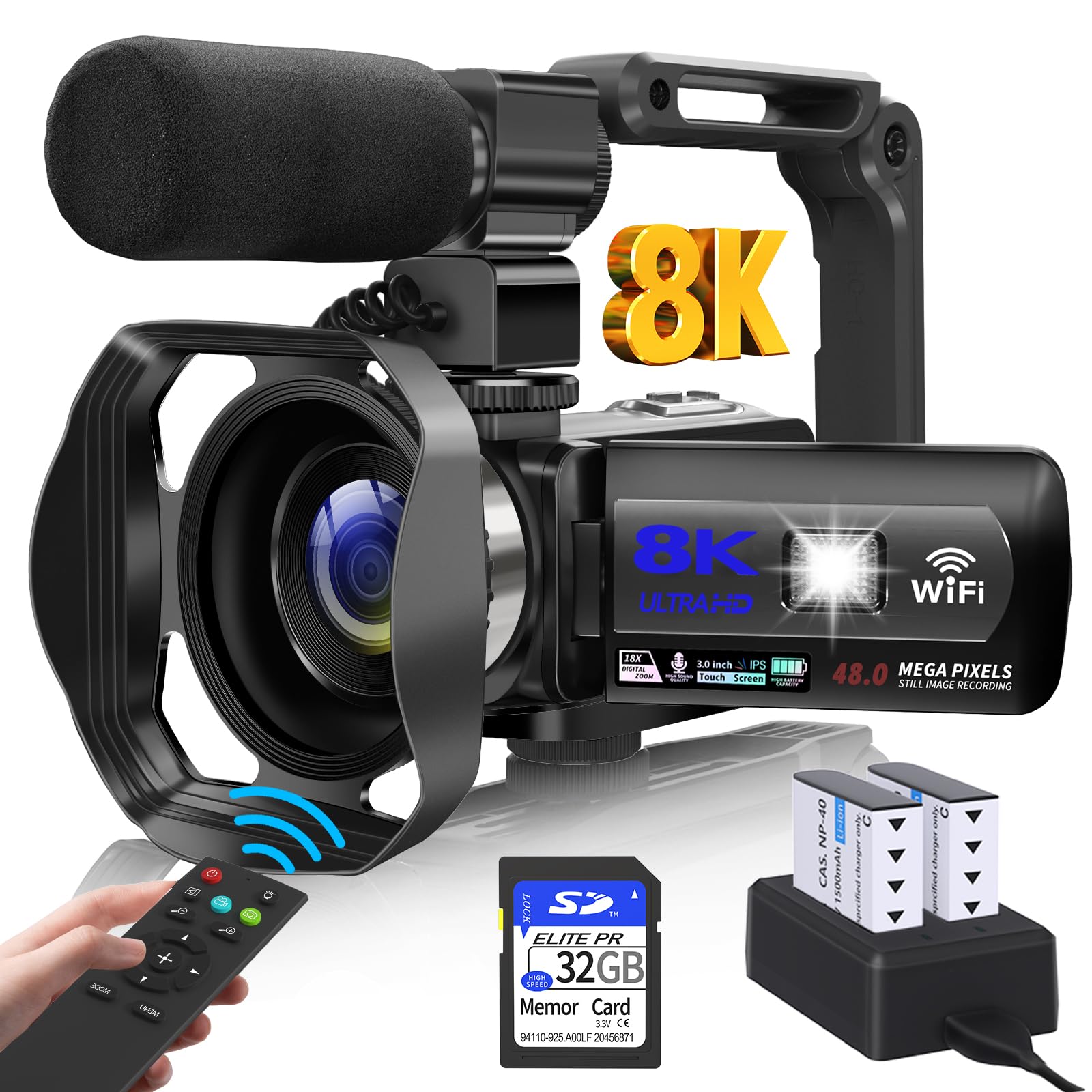 WIKICO Video Camera, 8K Camcorder 48MP Vlogging Camera for YouTube 18X Digital Zoom 3€ Touch Screen with WiFi, External Mic, Fill Light, Remote Control, 32GB SD Card & 2 Batteries, Black