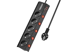 Steckdosenleiste mit USB 5 Fach einzeln schaltbare Mehrfachsteckdose mit USB C Überspannungsschutz 1050J, AFEXOA Schwarze Steckleiste Wandmontage mit 4 USB Ladegerät(5V/3.4A) und 2M Kabel/ 3680W/16A