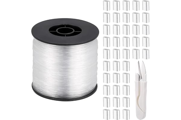 Zocipro Stark klar osynlig hängande tråd, 0,8 mm 656 fot nylonmonofilament fisketråd med 120 krymphylsor och sax, klar fiskelina för hängande dekorationer, hantverk