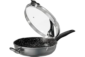 STONELINE Future Padella per Cottura Lenta, Ghisa, 28 cm, Coperchio in Vetro Forato per Scolare I Liquidi, Rivestimento Antiaderente