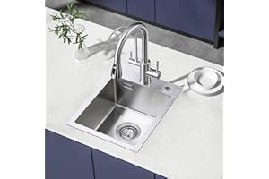 ROVOGO 304 Stainless Steel Kitchen Sink, 450 x 350 mm With Basket Strainer Waste and Overflow Kit, Brushed Small Single Bowl With 35 mm Tap Hole
