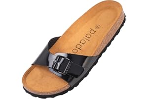 Palado Damen Pantoletten Malta Matt - Sandalen mit verstellbaren Riemen - Hausschuhe - Natur Kork-Fussbett - extra bequem mit Sohle aus Velourleder