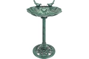 CHRISTOW Plastic Resin Bird Bath for Garden, Clam Shell Pedestal Birdbath, Traditional Style, Rustic Metal Effect, Standing Outdoor Water Bowl Feeder, 80cm x 50cm x 38cm (Green)