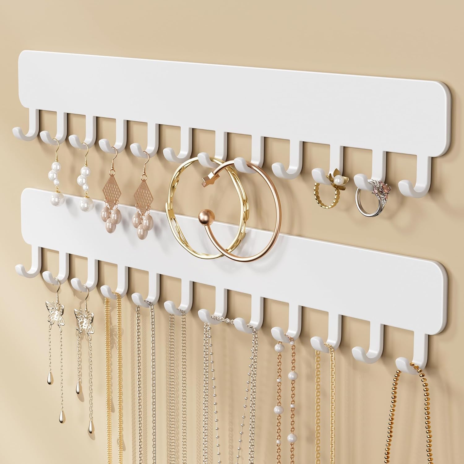 Josmimic Organizador de joyas para colgar en la pared, autoadhesivo, con ganchos para collares, pulseras, pendientes, solución de exhibición y almacenamiento para mujeres, 2 unidades, color blanco