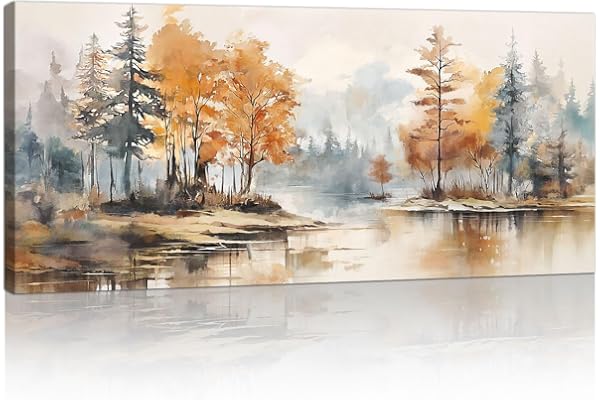 Grande Cadre en Bois Impression Sur Toile Paysage de la forêt d'Orange Image Sur Toile Peintures Forêts Lacustres Aquarelle Sur Toile Mural Tableau Decor Murale Salon Chambre prêt accrocher 50x120cm