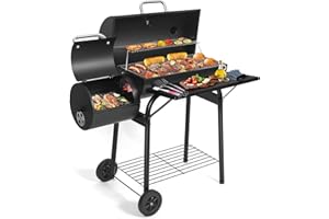 SUNLIFER Charcoal BBQ Grill With Offset Smoker: Large Oil Drum Barbecue Barrel Grill For Outdoor Garden
