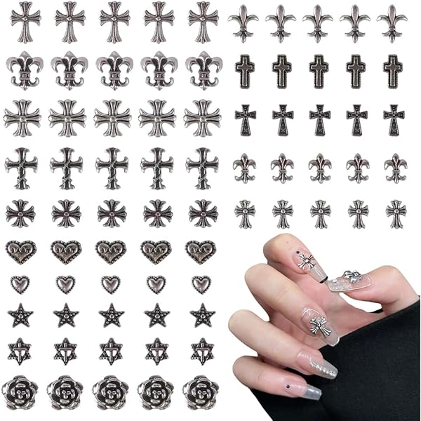 FMYODWU 64-teiliges Nagel-Ornament-Set – 3D Kreuz, Herz, Totenkopf In Silber, Inkl. Pinzette