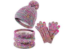 Lifup 3 Pezzi Bambini Inverno Beanie Cappello Sciarpa Guanti Set, Termico Maglia Crochet Spessa Pom Kids Beanie Cappello Sciarpa Guanti per 5-12 Anni Ragazzi Ragazze
