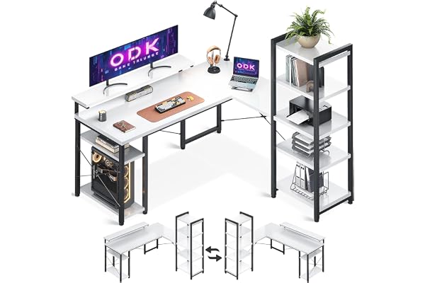 ODK Bureau avec étagère, Bureau en Forme De L avec Support D'écran Long, Blanc 140×137 Cm