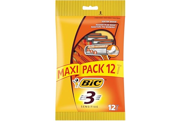 BIC 3 Sensitive - Rasoirs Jetables Homme avec Technologie 3 Lames pour un Rasage de Près Confortable- Pochette de 12