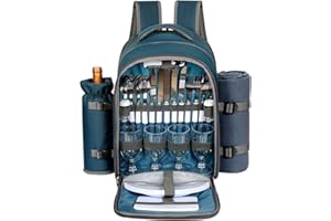 Hap Tim Picnic Basket Backpack for 4 Person with Blanket, Wine Holder, Cooler Compartment, Cutlery Set, Couples Gifts, Mr & Mrs Gifts, Bridal Shower Gifts, Registry Wedding Registry, Blue (3065-BL)