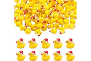 Deepton 100 Pcs Mini Ducks, Christmas Ducks, Tiny Ducks, Mini Resin Ducks, Little Small Ducks with Christmas Hat for Craft Home Micro Landscape Dollhouse Christmas Decoration, Yellow