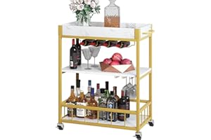 HUHOTE Bar Cart, 3 Tier Serving Trolley, Rolling Wine Trolley, Serving Cart with Wine Rack and Handle, Kitchen Storage Carts With Wheels, Tea Drink Trolley for Dining Living Room Bedroom Outdoor, White