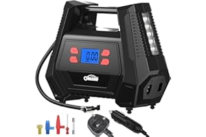 Oasser Tyre Inflator Air Compressor with 12V AC/240V DC car tyre Pump 150 PSI car tyre inflator with 5 Nozzle Adaptors, LED Light Fits for Cars Motorcycles Bicycles
