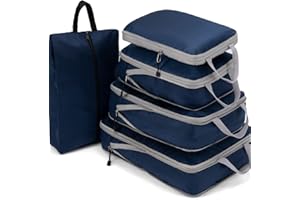 Meowoo Kompresyjne Kubki Pakujące do Podróży 5 w 1 Zestaw Organizatorów Torby Podróżne Wodoodporne Torby Podróżne Organizator Organizator bagażu z Torbą na Buty (Niebieski zatopiony)