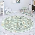 Paco Home Kids Rug Children's Room Play Mat Baby Mat Street Bear Elk Trees Green Grey, Size:80 cm round