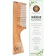 Ayurveda Amrita Organic Neem Wood Comb with Handle for Stimulating Hair Growth, Helps in Dandruff Removal light brown