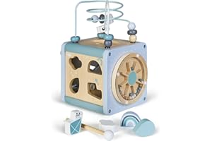 BUDDY BABY • Cubo Montessori Xtudio • Desde 12 Meses • 5 Actividades: Engranajes, ábaco, Formas encajables, Laberinto de Cuentas, Rueda Sonora • Xilófono con baqueta • Almacenaje Interior