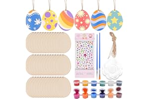 TUNDWHITE Ornamenti in Legno di Pasqua 50 Pezzi Ciondoli Uova in Legno Pasqua da Dipingere, Fai da te Artigianato Uovo di Pasqua in Legno con Foro/Corde/Strass Adesivo