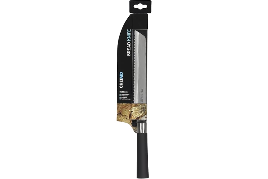 Chef Aid Stainless Steel Bread Knife, 8 Inch (20 cm) – Soft Grip Handle, Serrated Blade, Ideal for Slicing Bread & Baked Goods, Handwashing Recommended