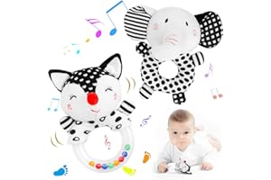 PETARMS Baby Rattles Toys for 0-6 Months: Black and White Sensory Toys Newborn Plush Toy Elephant Soft Rattle with Teething Ring for 0 3 6 9 12 Month Infant Boys Girls Shower Gift (Elephant/Fox)