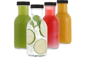 LIMILI Glass Juice Bottles with Lids, 4 pack 250ml Reusable Glass Bottles with Lids, Dairy Drinking Bottles Clear Glass Bottles Glass Drinking Bottles for Homemade Beverages Picnics Travel School