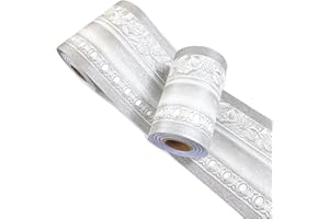 Mesoar 3D Grey Floral Wallpaper Border Wall Peel Stick Molding Border Home Ceiling Sticker for Bathroom Living Room Kitchen Wall 10cm by 16.4ft