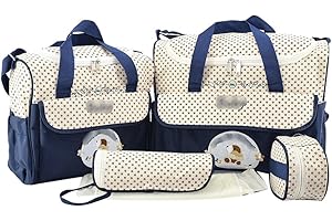 Jitong Imprimé 5 Pièces Ensemble de Sacs à Langer/Sac à Main de Maman/Sac de Bouteille Bébé/Matelas à Couches (Marine, Taille Unique)