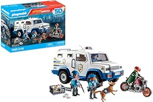 PLAYMOBIL Action Heroes 71597 Geldtransporter, spannende Ganovenjagd, inklusive DREI Polizisten, einem Ganoven auf einem Motorrad und einem Polizeihund, actionreiches Spielzeug für Kinder ab 4 Jahren