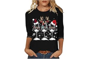 GENERIC Womens Christmas Tops UK Casual 3/4 Sleeve Crew Neck Tunic Shirts Funny Xmas Tree Red Wine Glass Cow Print Blouse Dressy Trendy Lightweight Holiday Clothes Comfy T-Shirt