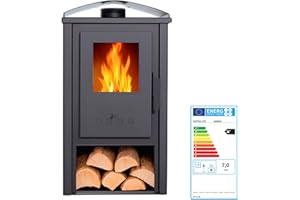 EIDER BIOMASA – Estufa de Leña Amina – 8,12 kW – Compacta 81x38x45 cm – Calienta hasta 150 m³ – Bajo Consumo – Diseño Minimalista – Clase Energética A