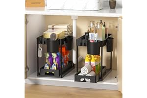 Cinnani 2 Pezzi Organizer Sottolavello Cucina a 2 Livelli, Salvaspazio con 4 Ganci e 4 Tazze Appese, Ripiano Multiuso sotto Lavello