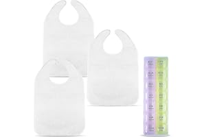 PEKA PEKÍTA Babero Impermeable para Adultos y Personas Mayores, Pack 3 Baberos Impermeables Grandes para Ancianos y Pastillero Semanal, Baberos de Tela de Rizo y Plástico Impermeable de Adulto y Persona Mayor