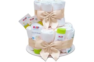 MilaBoo Gâteau de couches à 2 étages neutre, avec produits de qualité supérieure, cadeau spécial pour la naissance, cadeau personnel pour bébé pour baptême et fête prénatale (beige)