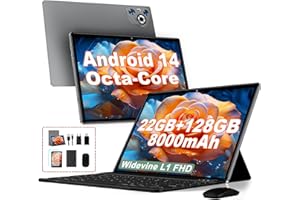 DGHRTI 2025 Newest Tablet 10 pollici Android 14, 22GB RAM 128GB ROM/TF 1TB, Octa-Core, 8000mAh, Corpo in Metallo, Face ID, Doppio WiFi, 8MP+5MP, Widevine L1, Protezione Occhi, Tastiera, Mouse, Gray