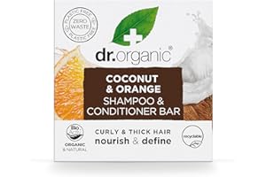 DR.ORGANIC Barre de Shampoing & Après-Shampoing à la Noix de Coco & Orange Dr Organic, Nourrissante, Cheveux Bouclés & Épais, NOUVEAU, Sans Plastique, Naturel, Végan, Sans Cruauté, Sans Paraben & SLS, Bio, 75g