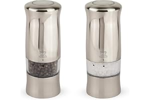 PEUGEOT - Duo Moulin à Poivre + Moulin à Sel Électriques Zeli 14 cm - Avec Eclairage - Poivre Noir + Sel Gemme Inclus - Fabrication Française - 6 piles + Ampoule De Rechange - Coloris Inox