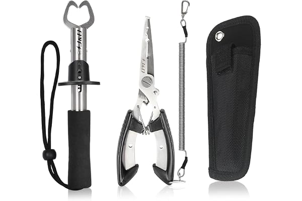J&D Fishing Piners et Fish Lip Gripper Set, Multi-Fonctionnel Acier Inoxydable Pêche Pince Engins Crochet Remover Outil avec sécurité Enroulé avec Gaine et Longe pour Eaux Douces Pêche en Eau Salée