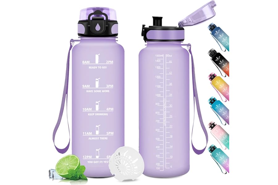 1.5L Gym Water Bottle, Sports Water Bottle with Filter, Motivational Time Marker, Reusable Bottle, Leak-Proof Water Bottles for Sports, Gym, School, Gym