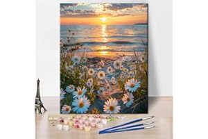 TISHIRON Malowanie według liczb, dla dorosłych, początkujących, zachód słońca nad łąką kwiatową nad morzem, białe stokrotki, obraz na plaży, naturalny plakat, tablica farb olejnych "zrób to sam", 40 x