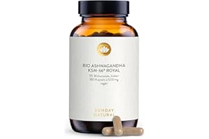 ‎SUNDAY NATURAL SUNDAY NATURAL® Bio Ashwagandha Kapseln - KSM-66® ROYAL – Hochdosiert 1.000mg Wurzelextrakt mit 50mg Withanoliden (5%) pro Tagesdosis – 180 Kapseln - Ashwaganda aus Indien