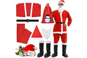 WUSUPU 7 Piezas Disfraz de Papá Noel para Hombres,Disfraz Papa Noel Adulto,Hombre con pantalón,barba,gorro y cinturón,color rojo,de Santa Claus de Cosplay para Adultos